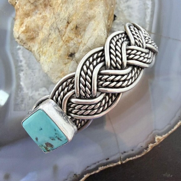 Sterling Silver Woven Rope With Square Turquoise Fashion Bracelet For Women